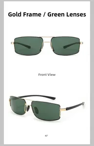 Détail de lunettes de soleil rectangulaires en métal doré avec verres verts en deux vues