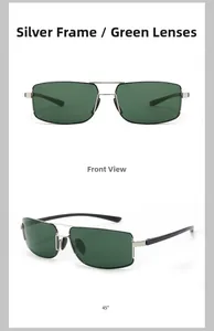 Vues de face et à 45 degrés des lunettes de soleil en aluminium argenté et verre vert