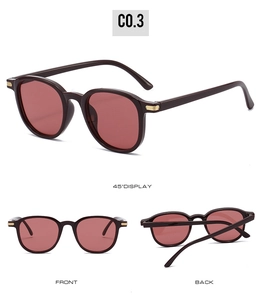 Three-view display of vintage oval sunglasses with dark red frames and gold metal accents