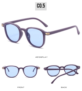 Detail view of oval purple frame sunglasses with blue lenses and gold metal accents