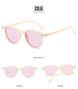 Detailed multi-angle views of cream oval sunglasses with gold metal accents and pink lenses