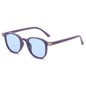 Fashionable oversized oval sunglasses with purple frames and blue lenses on a white background