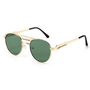 Classic retro punk sunglasses with gold metal frame and dark green round lenses