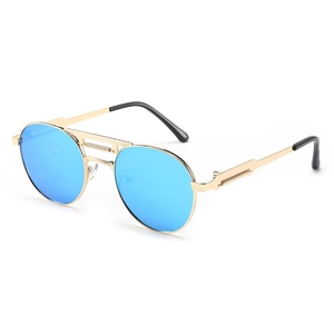 Classic retro steampunk round sunglasses with blue mirrored lenses and gold metal frames