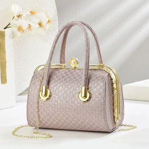 Borsa a secchiello da sera oro rosa con finitura glitter e chiusura a perla