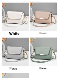 Detail view of stylish rectangular shoulder bags in white, khaki, grey, and green colors