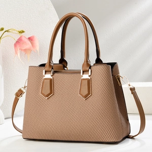 Elegant warm brown woven PU leather handbag with adjustable crossbody strap for women