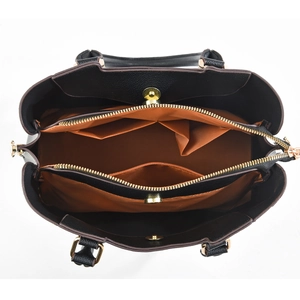 Litchi pattern black leather handbag with spacious multi-compartment interior layout