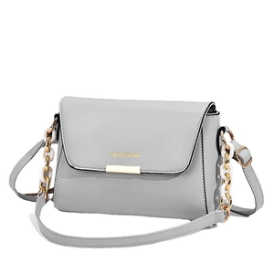 Chic light gray shoulder bag with golden buckle and stylish chain strap on white background