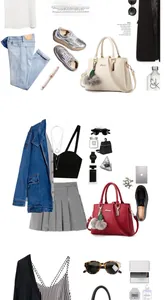 Collage de tenues avec sacs à main beige et bordeaux et pendentifs en fourrure