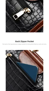 Detail showing the back zipper pocket of the crocodile embossed PU leather handbag