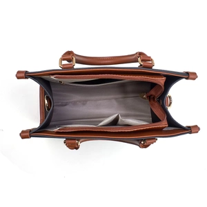 Brown leather tote bag interior view with grey herringbone lining and multiple compartments