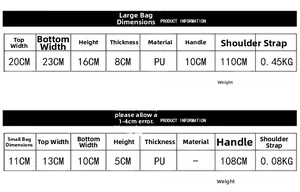 Tableau des tailles montrant les dimensions du set de sacs en cuir PU petit et grand