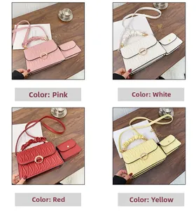 Détails de sacs à main plissés en PU avec boucles perlées en quatre couleurs vives
