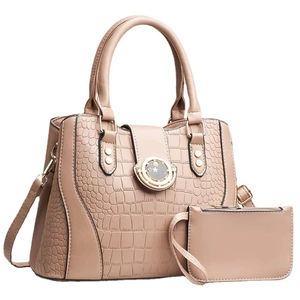 Beige faux crocodile leather tote and pouch set with golden star clasp and strap