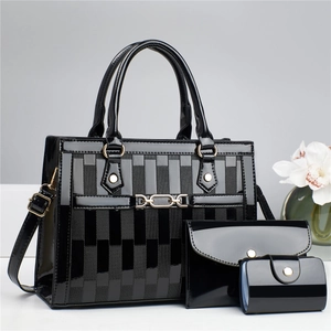 Patent Leather Tote Handbag Clutch And Card Holder Embossed Checkerboard Pattern Large Capacity Shoulder Bag For Women
