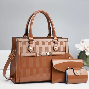 Brown patent leather 3-piece bag set with geometric texture and gold metal hardware