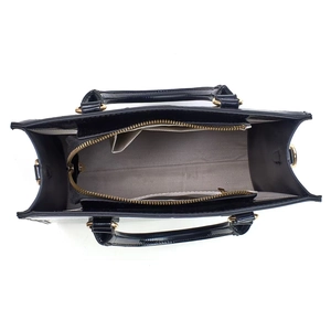 Detail view of large tote bag interior with grey herringbone lining and gold hardware