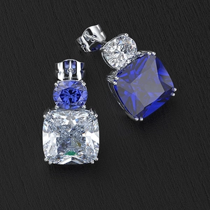 Contrast color cushion-cut square gemstone stud earrings in silver prong setting