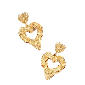 Golden heart-shaped drop earrings with irregular lava texture and cutout design