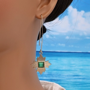 Boucles d'oreilles rétro géométriques dorées avec pierre oeil-de-chat sur modèle