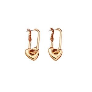 Polished gold heart drop earrings with rectangular geometric hoops for women