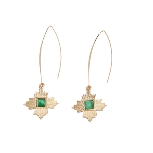 Boucles d'oreilles rétro géométriques dorées avec pierre verte et motif soleil