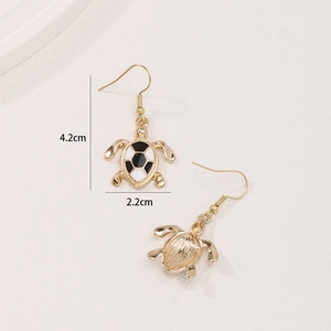 Golden enamel turtle drop earrings with black and white honeycomb pattern, 4.2cm height