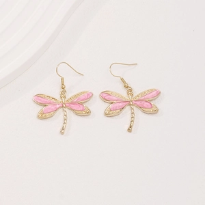 Dragonfly Drop Earrings For Women Zinc Alloy Gold Plated Pink Enamel Sweet Animal Style Fashion Jewelry Accessories