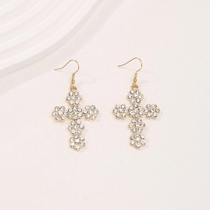 Boucles D'oreilles Pendantes Croix Alliage Plaqué Or Fleur Strass Étincelant Crochet Poisson Bijoux Mode Pour Femmes