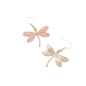 Pink enamel dragonfly earrings in gold alloy with fine glitter on white background