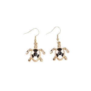 Gold-plated turtle drop earrings featuring black and white enamel shell design for women
