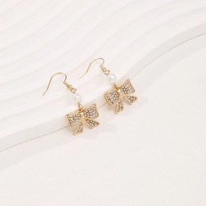 Alloy Rhinestone Bow Drop Earrings With Faux Artificial Pearl Elegant Golden Jewelry For Women
