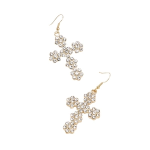 Boucles d'oreilles croix dorées élégantes avec fleurs en cristal et style rétro