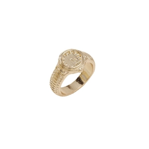 Golden alloy watch-style ring featuring a vintage watch face dial and textured metal band