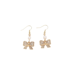 Elegant gold bow earrings with pearl drops and sparkling rhinestones for women