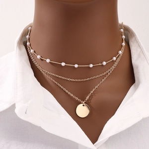 Collier Multi Rang En Alliage Avec Künstliche Perle D'Imitation Et Pendentif Géométrique Rond Bijoux Mode Pour Femmes