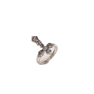 Vintage silver-tone ring with intricate hollow cross design and oxidized antique finish