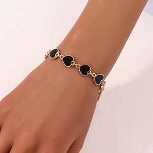 Bracciale A Cuore Lega Placcata Oro Smalto Nero Gocciolamento D'olio Regolabile Gioielli Di Moda Eleganti