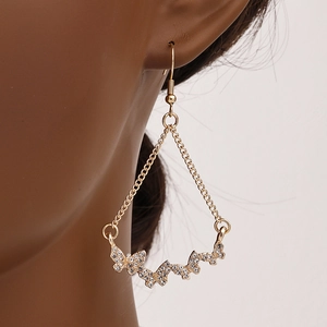 Alloy Rhinestone Butterfly Long Dangle Earrings Gold Tone Chain Tassel Elegant Trendy Jewelry For Women