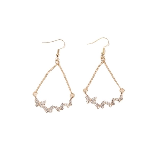 Elegant gold butterfly tassel drop earrings with sparkling rhinestones on white background