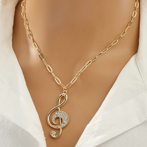 Treble Clef Musical Note Pendant Necklace Zinc Alloy Rhinestone Inlaid Gold Oval Link Chain For Women Fashion Jewelry