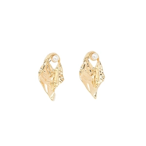 Irregular textured gold alloy stud earrings with white pearl detail for women