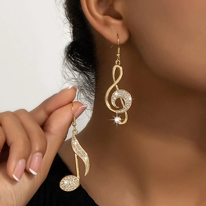 Musical Note Asymmetric Dangle Earrings Alloy Rhinestone Gold G-Clef Music Symbol Jewelry For Women Artistic