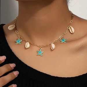 Starfish Cowrie Shell Enamel Pendant Necklace Gold Plated Chain Ocean Beach Summer Vacation Fashion Accessory Women