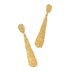 Minimalist gold-tone long drop earrings with irregular hammered texture on white background