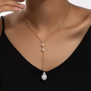 Artificial Baroque Pearl Back Chain Necklace Alloy Golden Sexy Y-Lariat Pendant For Backless Dress Women Vintage Elegant Accessory