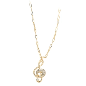 Golden treble clef pendant necklace with sparkling white rhinestones on a white background