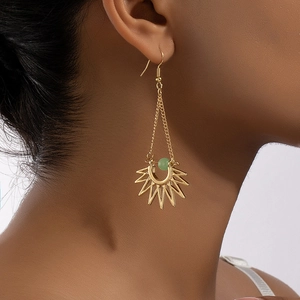 Bohemian gold sunburst drop earrings with green bead and long chain for women