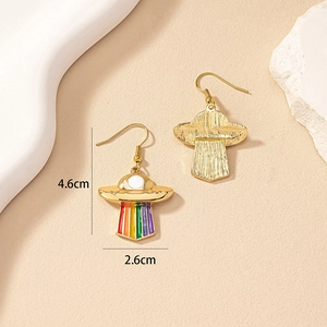 Detailed size view of creative gold UFO earrings with colorful rainbow enamel beam